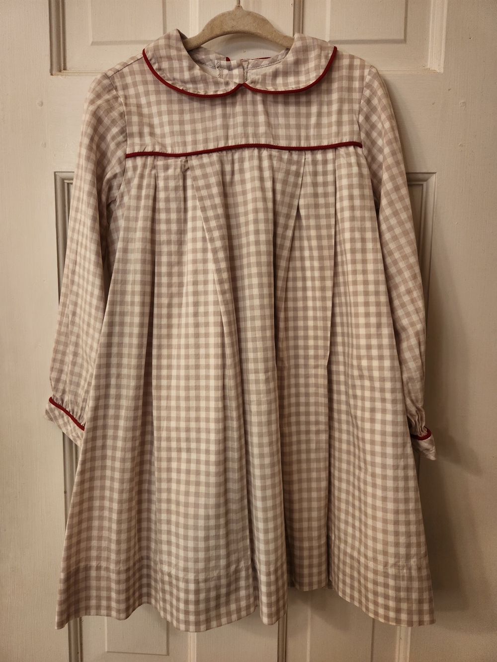 The Oaks Apparel girls taupe/white gingam pleated cotton dress